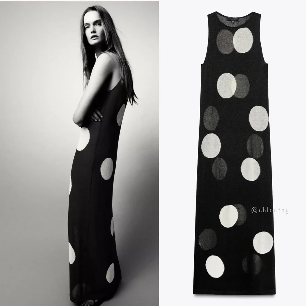Zara DOTTED KNIT MAXI DRESS